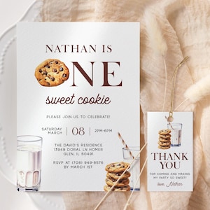 Milk and Cookies Birthday Invitation EDITABLE, One Sweet Cookie Birthday Invite, Printable First Birthday Invite, Cookie Birthday Party MC42