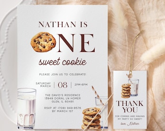 Milk and Cookies Birthday Invitation EDITABLE, One Sweet Cookie Birthday Invite, Printable First Birthday Invite, Cookie Birthday Party MC42