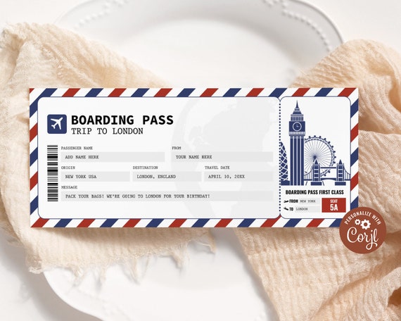 London Boarding Pass EDITABLE, England Surprise Trip Gift Ticket, Printable Trip Voucher, Flight Airline Ticket, Instant Download Il_570xn