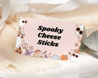 Halloween Food Labels EDITABLE, Pink Halloween Birthday Place Cards, Food Tent Card, Spooktacular Party Decor, Folded Buffet Label SH13