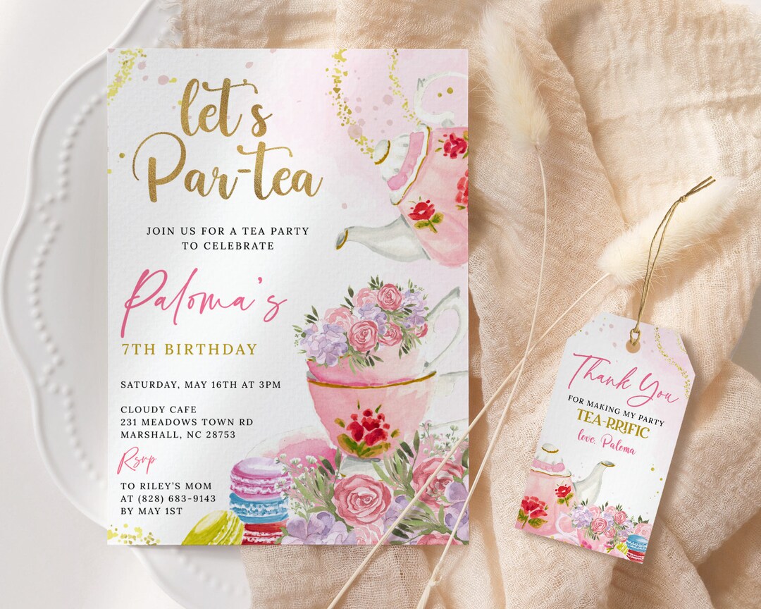 Tea Party Birthday Invitation EDITABLE, Pink Gold Par-tea Invite ...