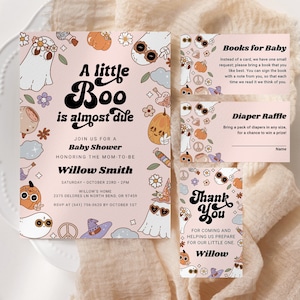 Little Boo Babypartyeinladungs-Paket EDITIERBAR, Groovy Pink Halloween-Babypartyeinladungs-Set bedruckbar, süße Geist-Babyparty SH13