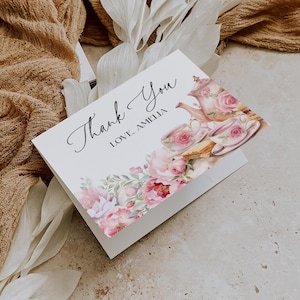 Cartões de agradecimento de chá floral EDITÁVEIS, cartão de agradecimento dobrado, festa do chá rosa blush, chá de panela de bebê, aniversário, obrigado por vir AT28