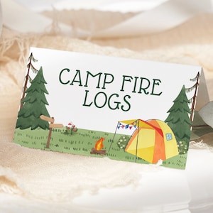 Étiquettes de nourriture de camping MODIFIABLES, tente imprimable pour carte de lieu joyeux anniversaire campeur, décoration de fête de camping, carte de tente de nourriture, étiquette de buffet pliée