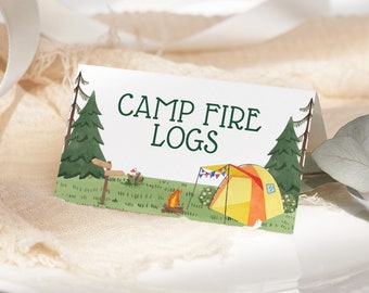 Camping Food Labels EDITABLE, Happy Camper Birthday Place Card Tent Printable, Camping Party Decor, Food Tent Card, Folded Buffet Label