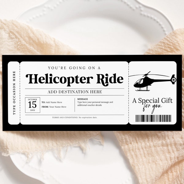 Helicopter Ride Ticket EDITABLE, Surprise Travel Trip Voucher, Printable Gift Certificate, Helicopter Tour, Gift Card, Any Occasion