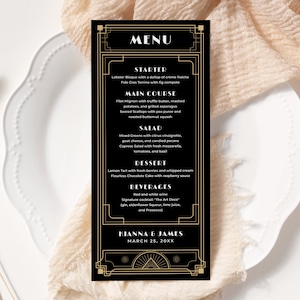 Szablon menu Gatsby'ego EDYTOWALNY, Karty menu weselnego w stylu Art Deco, Menu kolacji w stylu Roaring 20s do wydrukowania, Wieczór panieński w stylu Art Deco, Tajemnica morderstwa z lat 20. XX wieku