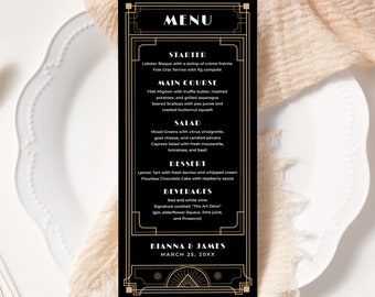 Gatsby Menu Template EDITABLE, Art Deco Wedding Menu Cards, Roaring 20s Dinner Menu Printable, Art Deco Bridal Shower, 1920s Murder Mystery