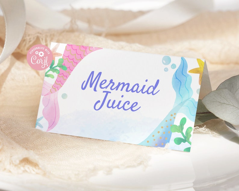 Mermaid Birthday Food Label EDITABLE Mermaid Baby Shower Place Cards Printable Mermaid Party Food Tent Card Folded Buffet