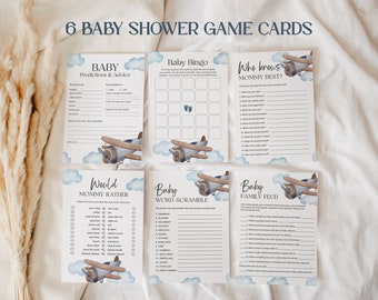 Blue Airplane Baby Shower Games Bundle EDITABLE, 6 Vintage Plane Baby Shower Games Printable, Boy Baby Shower Game Cards Pack AP13