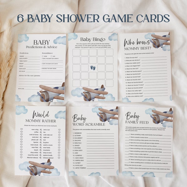 Blue Airplane Baby Shower Games Bundle EDITABLE, 6 Vintage Plane Baby Shower Games Printable, Boy Baby Shower Game Cards Pack AP13