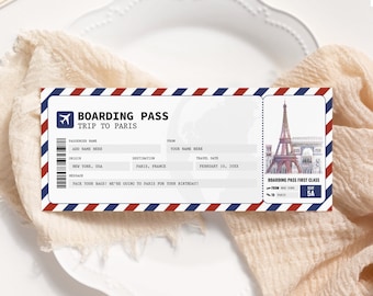 Carte d'embarquement modifiable pour Paris, billet cadeau voyage surprise à Paris, faux billet d'avion imprimable, billet d'avion, voyage à Paris