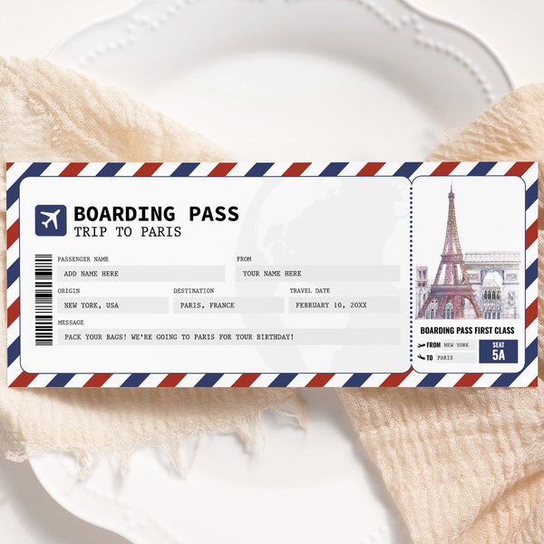 Carte d'embarquement modifiable pour Paris, billet cadeau voyage surprise à Paris, faux billet d'avion imprimable, billet d'avion, voyage à Paris