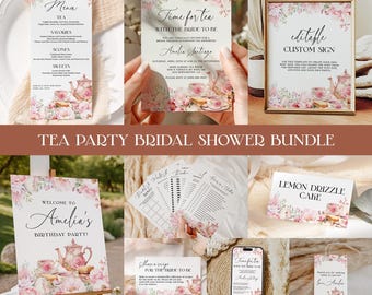 Op de afbeelding: Een verzameling briefpapier met een theefeestthema, waaronder menu's, uitnodigingen en borden. De ontwerpen bevatten bloemstukken, kopjes en theepotten in zachte roze en witte tinten. De tekst bevat "Menu", "Time for tea".
