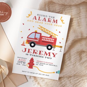 May include: Red and yellow fire engine birthday party invitation with the text "Sound the Alarm and Grab Your Gear" and "Jeremy is turning two". The invitation includes a date and time for the party, as well as the address and RSVP information.