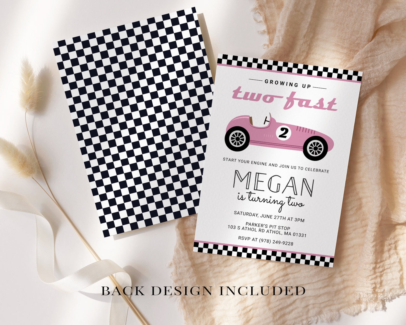 Two Fast Girl Birthday Invitation EDITABLE Pink Race Car - Etsy