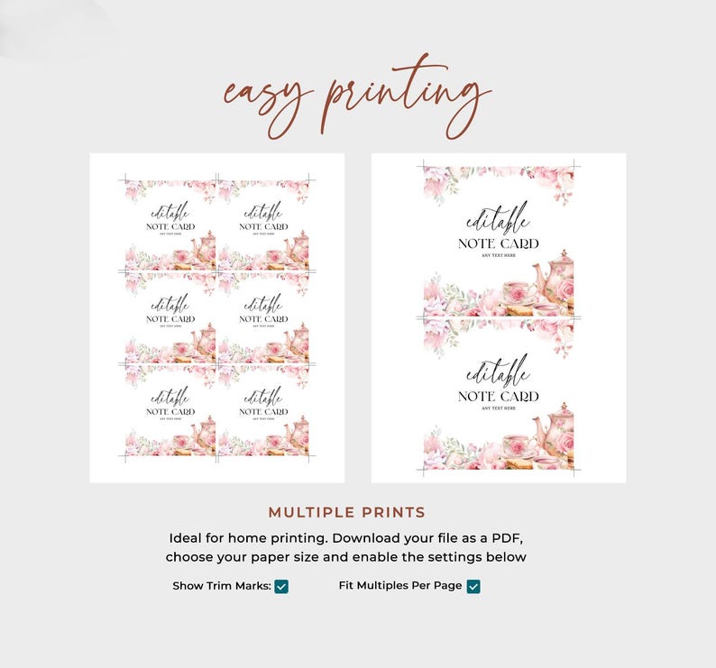 Floral Tea Note Card Template EDITABLE, Blush Pink Floral Tea Party ...