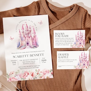 Pink Fairytale Castle Baby Shower Invitation Set EDITABLE, Princess Baby Shower Invitation Bundle, Princess On The Way Invitation PF18