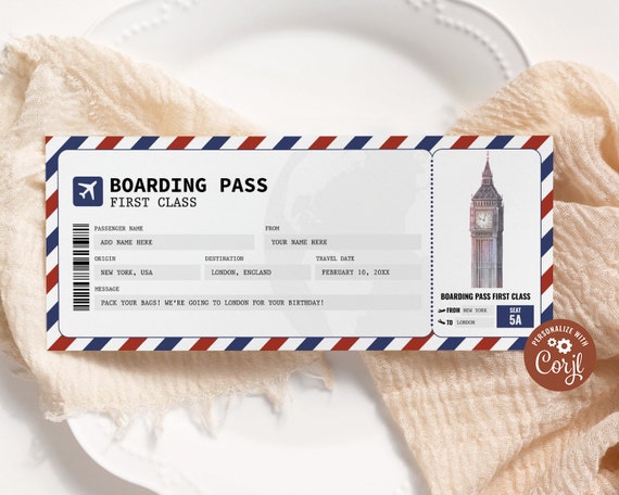 London Boarding Pass EDITABLE, England Surprise Trip Gift Ticket, Printable Trip Voucher, Flight Airline Ticket, Trip To London Il_570xn