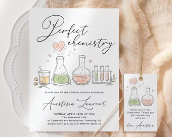 Zaproszenie na idealne przyjęcie panieńskie z motywem chemii, zaproszenie na przyjęcie panieńskie z motywem naukowym, zaproszenie na przyjęcie panieńskie z motywem chemii (edytowalne, do druku) PC45