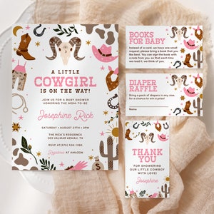 Cowgirl Baby Shower Invitation Set EDITABLE, Western Baby Shower Invitation Bundle, Little Cowgirl Invite, Wild West Rodeo Baby Shower CG31