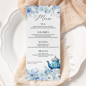 Szablon menu przyjęcia herbacianego z motywem kwiatowym EDYTOWALNY, karty menu na przyjęcie herbaciane w kolorze Dusty Blue, przyjęcie herbaciane po południu, przyjęcie ogrodowe, baby bridal shower urodziny AT28