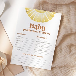 Tarjeta de consejos y predicciones para baby shower con temática de sol, actividad de baby shower estilo bohemio, consejos para padres primerizos, descarga instantánea RS03