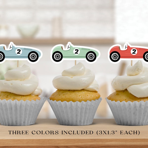Rennauto Cupcake Toppers EDITIERBARE, druckbare Vintage Auto Toppers, Racing Birthday Party Decor, zwei schnelle Geburtstag Toppers, Fast One Party