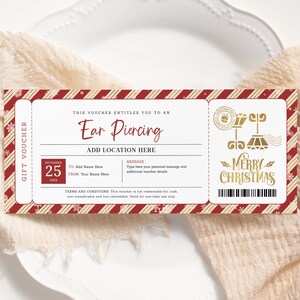 Cupón de Navidad para perforación de orejas EDITABLE, Certificado de regalo para perforación de orejas imprimible, Cupón de perforación, Sorpresa navideña, Tarjeta de regalo de Navidad