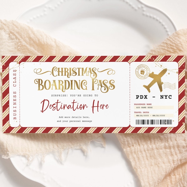 Christmas Boarding Pass EDITABLE, Printable Plane Ticket Template, Surprise Trip Ticket, Flight Airplane Travel Voucher, Holiday Ticket