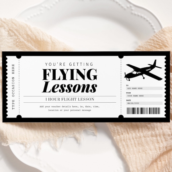 Flying Lessons Voucher EDITABLE, Flight Gift Certificate Printable, Pilot Training Gift, Flying Lessons Ticket, Flight School, Any Occasion