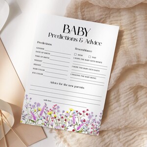 Carte de prédictions et de conseils pour bébés fleurs sauvages à imprimer, baby shower floral bohème, bébé en fleurs, conseils pour les nouveaux parents, téléchargement immédiat WS12