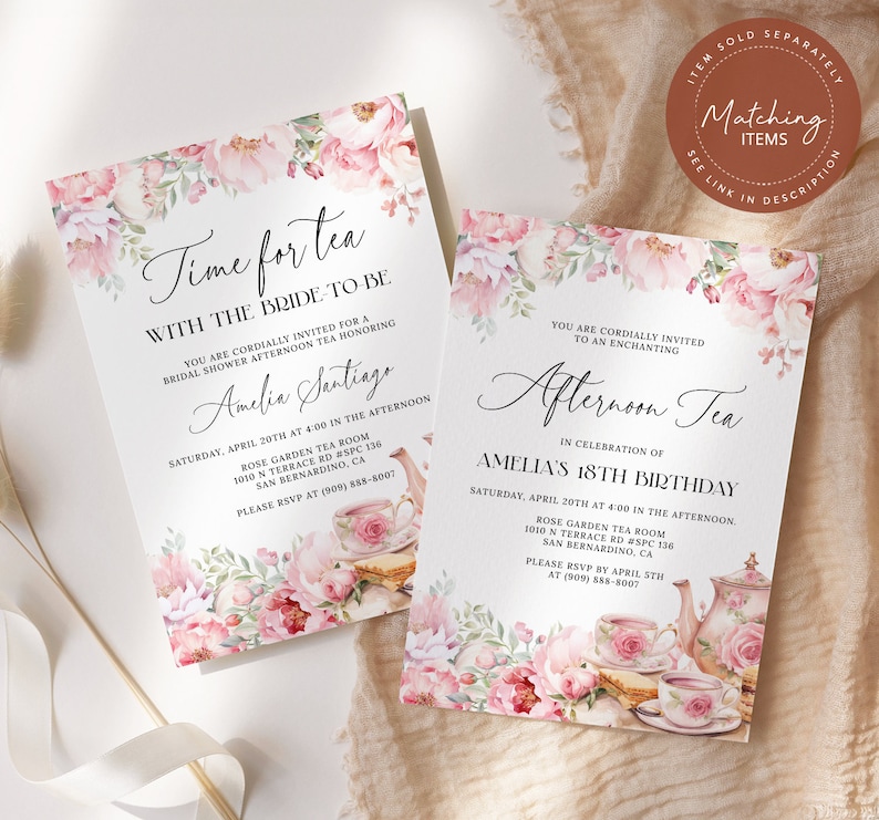 May include: Two floral themed invitations for a bridal shower and a birthday party. The invitations feature pink and green watercolor flowers and a teacup and teapot. The text on the invitations reads "Time for tea with the bride to be" and "Afternoon tea in celebration of Amelia's 18th birthday".