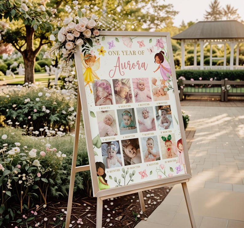 Fairy First Birthday Milestone Sign EDITABLE, Fairy Photo Collage Sign ...