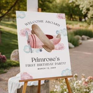 Pink Airplane Party Welcome Sign EDITABLE, Vintage Pink Airplane Birthday Welcome Poster, Travel Baby Shower Party Sign, Airplane Decor AP13