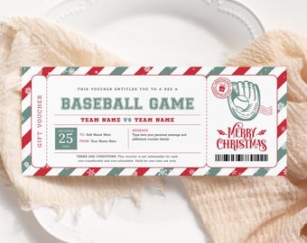 Baseball Game Christmas Ticket EDITABLE, Surprise Baseball Certificate Printable, Holiday Voucher, Christmas Coupons, Christmas Gift Card