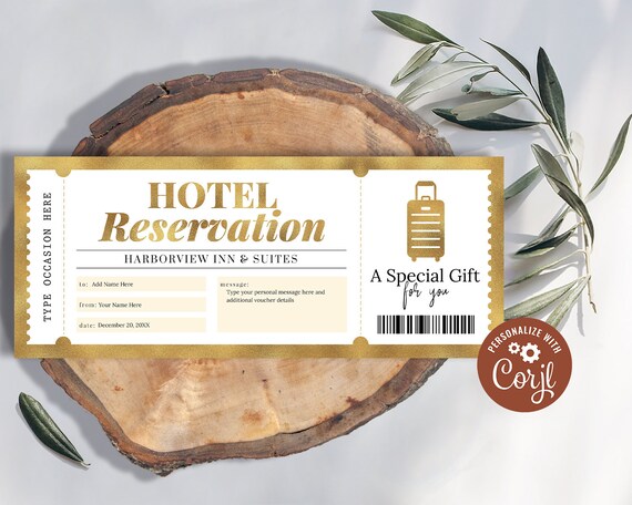 Hotel Reservation Gold Voucher EDITABLE, Weekend Away Trip Gift, Hotel Staycation Certificate ...