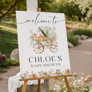 Fall Pumpkin Baby Shower Welcome Sign EDITABLE, Fall In Love Baby Shower Welcome Poster,, Little Pumpkin, Autumn Floral Baby Shower FG25