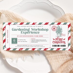 Certificado de Navidad de taller de jardinería EDITABLE, vale de regalo de experiencia de jardinería, tarjeta de regalo de jardinero imprimible, certificado de vegetación