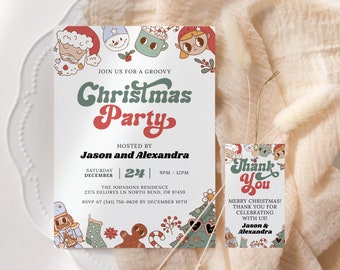 Groovy Christmas Party Invitation EDITABLE, Retro Holiday Party Invitation Printable, Hippie Christmas Party Invite, Annual Christmas Party