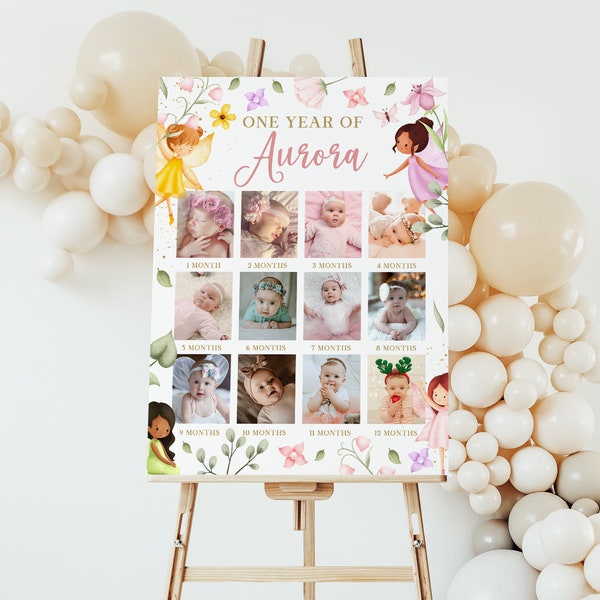 Fairy Milestone Birthday Sign EDITABLE, Printable Photo Collage, Baby First Year Poster, Magical Fairy 1st Birthday Milestone Board, FM11