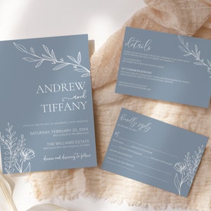 Ensemble de faire-part de mariage bleu poudré modifiable, suite minimaliste de faire-part de mariage bleu poudré, carte de détails Rsvp moderne imprimable bleu poudré
