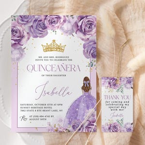 Lilac Floral Quinceañera Invitation EDITABLE, Lavender Princess Quince Invitation, Purple Gold Princess Quince Invite, 15th Birthday Invite