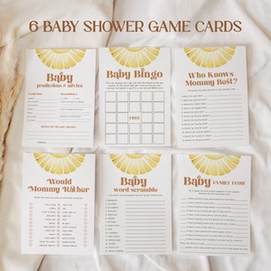 Sunshine Baby Shower Spiele Bundle EDITIERBARE, 6 Boho Sun Baby Shower Spiele druckbar, kleiner Sonnenstrahl Baby Shower Spielkarten RS03