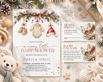 Christmas Baby Shower Invitation Set, Editable Merry Little Baby Shower Template, Winter Watercolor Books For Baby Diaper Raffle Cards ML17