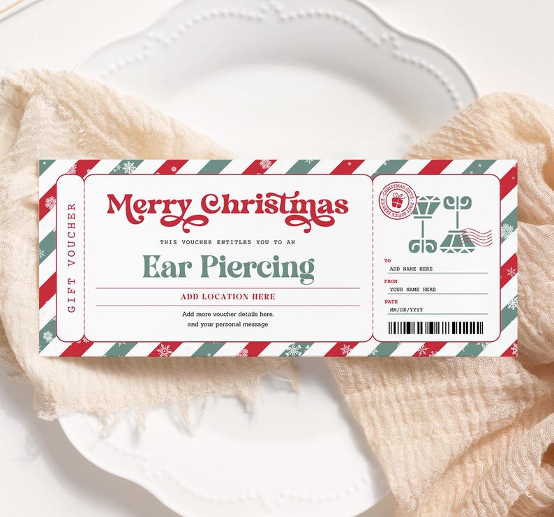 May include: A red and green striped Christmas gift voucher with the text "Merry Christmas" and "Ear Piercing". The voucher is designed to look like a vintage train ticket.