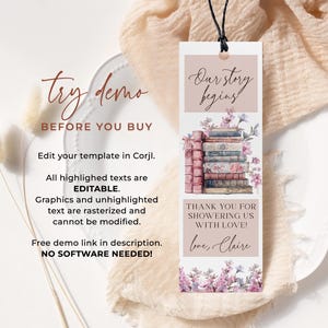 Verhalenboek douche bladwijzer sjabloon BEWERKBAAR, coquette boek thema baby shower gunst, nieuw hoofdstuk bruids douche bladwijzer, boog douche CB06 afbeelding 3