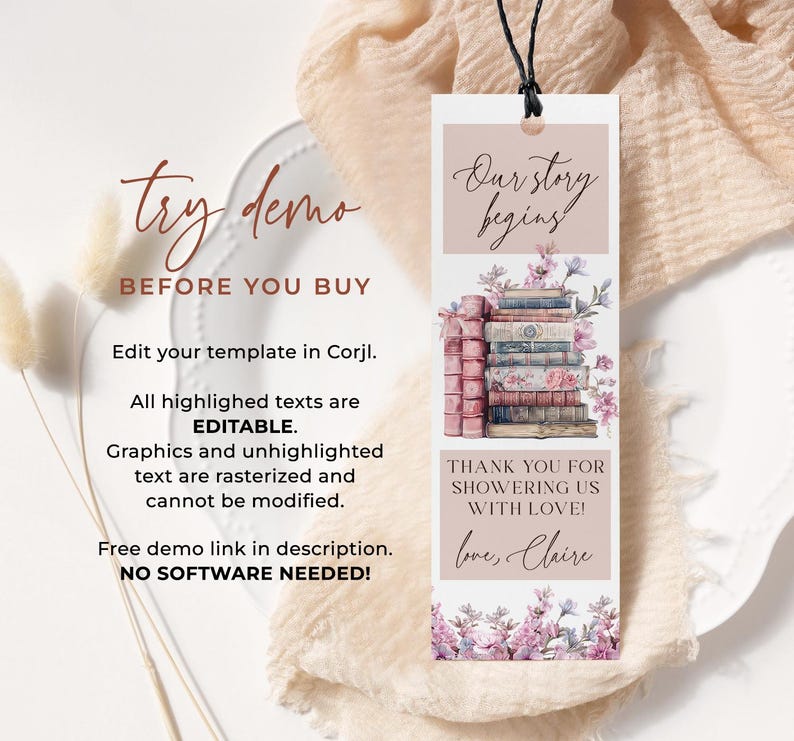 Verhalenboek douche bladwijzer sjabloon BEWERKBAAR, coquette boek thema baby shower gunst, nieuw hoofdstuk bruids douche bladwijzer, boog douche CB06 afbeelding 3