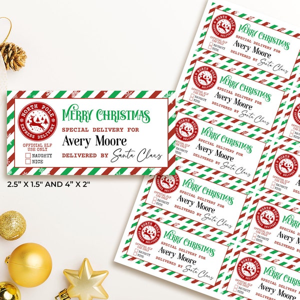 Christmas Gift Stickers EDITABLE, Santa Gift Label Printable,  Special Delivery Labels, North Pole Air Mail Gift Tag, Elf Delivery Sticker