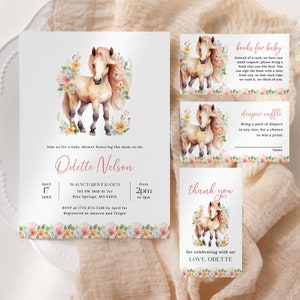 Floral Horse Baby Shower Invitation Suite EDITABLE, Gallop On Over Invitation Bundle Printable, Farm Girl Baby Shower Invite Set GL27